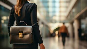 Woman holding briefcase and standing confidently photo