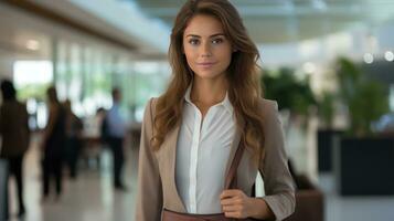 Woman holding briefcase and standing confidently photo