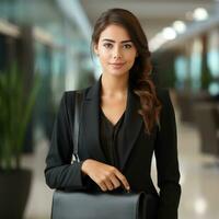 Woman holding briefcase and standing confidently photo