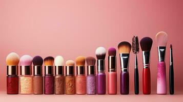 Collection of makeup products and brushes - Glamorous beauty essentials photo