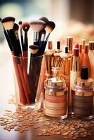 Collection of makeup products and brushes - Glamorous beauty essentials photo