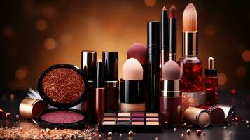 Collection of makeup products and brushes - Glamorous beauty essentials photo