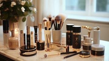 Collection of makeup products and brushes - Glamorous beauty essentials photo