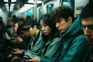 multitud de personas sentado en un subterraneo tren y mirando a teléfonos inteligentes en el camino hogar foto