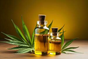 Two glass bottles with a cannabis oil among green marijuana leaves photo