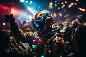 Astronaut in a space suit with garland and helmet at a rave club with a glass of cocktail among a dancing crowd photo