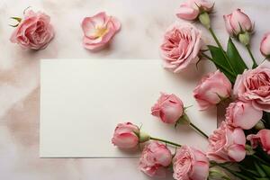 mockup white blank paper sheet with pink roses flowers top view on, floral template empty card flat lay for design with copy space photo