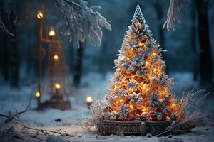 Decorated christmas tree in a winter snowy forest photo