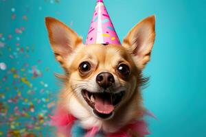 Cute adorable chihuahua smiling in a pink birthday hat on a pink background. Birthday party of celebration concept photo