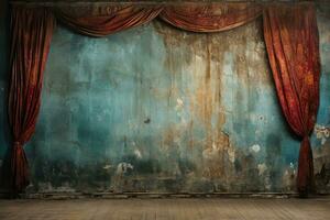 Old red dirty faded theater curtain against the background of a weathered blue wall with cracks on it. Long time Abandoned scene photo