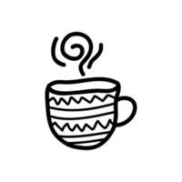 Vector clipart of mug with doodle style ornaments. Black and white isolated image on a white background. Stock illustration.