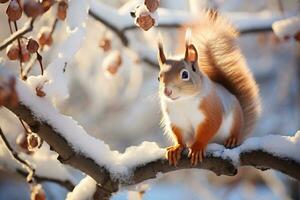 red squirrel sitting on a snow covered branch in a winter forest on a sunny day photo