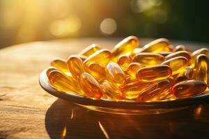 Yellow vitamin capsules in a plate on a table under sunlight on a blurred background photo