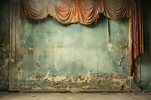 a dirty torn red theater curtain against the background of a wall with crumbling plaster. long abandoned theater stage photo
