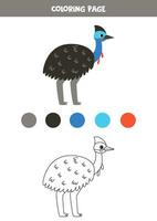 Color cute cartoon cassowary. Worksheet for kids. vector