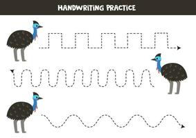 Tracing lines for kids. Cute cassowary bird. Handwriting practice. vector