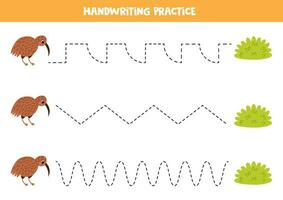 Tracing lines for kids. Cute kiwi bird and bush. Handwriting practice. vector