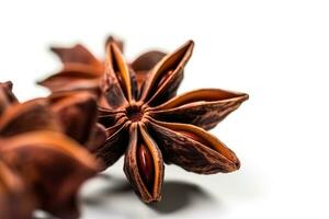 Extreme close up of spicy anise stars isolated on white photo