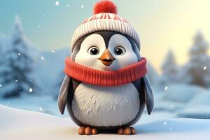 cute little cartoon penguin wearing a red hat and scarf in the snowy forest photo