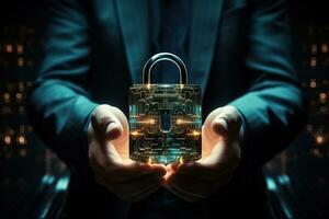 A man holds in his hands a transparent lock with circuits inside. Digital data protection or blockchain concept photo