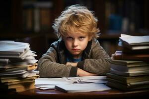 un descontento pequeño rubio chico se sienta con resentimiento a un mesa con muchos de libros de texto y cuadernos foto