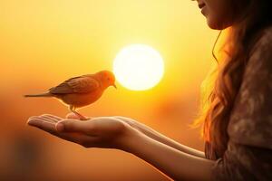 A sparrow sits on a woman's hands against the backdrop of the setting or rising sun photo