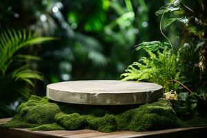 Round stone concrete podium against a background of green plants and forest photo