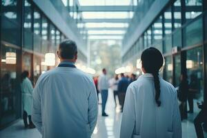 back view of a man and a woman scientists or doctors in white coats in the glass corridor of the science center photo