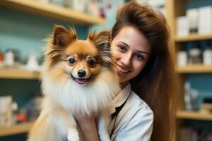 Smiling veterinarian woman holding cute little fluffy dog in pet clinic, generative ai photo