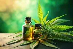 Two glass bottles of a cannabis oil among green marijuana leaves photo