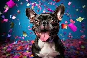 Cute adorable French bulldog smiling under falling confetti on a blue background. Birthday party of celebration concept photo