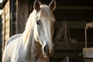 retrato de un hermosa blanco caballo en un puesto en un de madera granero, generativo ai foto