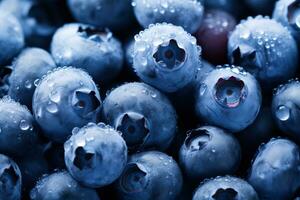 Close up image of fresh tasty blueberries covered with water drops photo