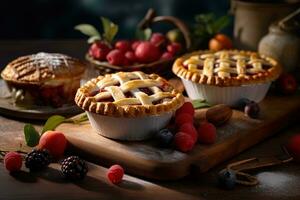 Fresh little baked cherry pies and apple pie among several delicious wild berries on a cutting board photo