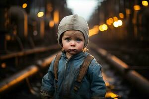 Little sad child in a hat and overalls in an evening abandoned factory on a blurred background of factory pipes photo