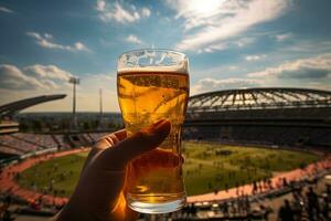 vaso de cerveza en mano a el estadio con el jugando campo en el antecedentes foto