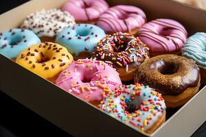 Delicious sweet donuts with colorful icing and sprinkles in a cardboard box. photo