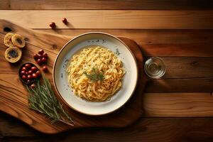 Top view of a plate of delicious pasta with herbs on a wooden cutting board photo