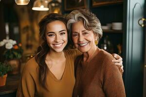 Portrait of attractive a senior mom and adult daughter hugging at home. Family concept photo