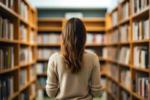 view from the back of a young woman with wavy hair in a light sweater stands in a bookstore among the shelves with books, generative ai photo