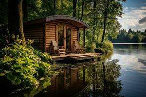 Calm and beautiful landscape with a small wooden hut with a jetty on a pine forest lake photo