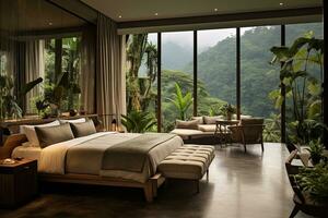 minimalist hotel room interior with large wide windows and a soft cozy bed in the tropical mountains photo