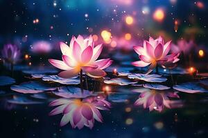 beautiful pink lotus flowers reflecting in the water, on dark blue bokeh background photo