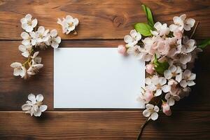 blanco tarjeta Bosquejo en de madera antecedentes rodeado por flores, modelo blanco sábana de papel para diseño foto