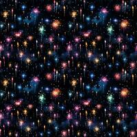 seamless pattern of bright multicolored glowing fireworks on a dark background photo