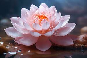 closeup pink lotus flower with water drops blurred background photo