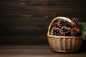 Christmas decoration basket with fir cones and branches on a dark wooden background photo