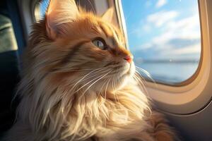 closeup portrait of a cute fluffy ginger cat looking out the airplane window, generated ai photo