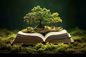 un abierto libro desde el paginas de cuales un árbol crece concepto de conocimiento, imaginación y fantasía foto