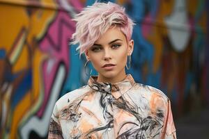 retrato de un joven encantador pelo rosado mujer con un corto alternativa Corte de pelo en contra el antecedentes de un ciudad pared. foto